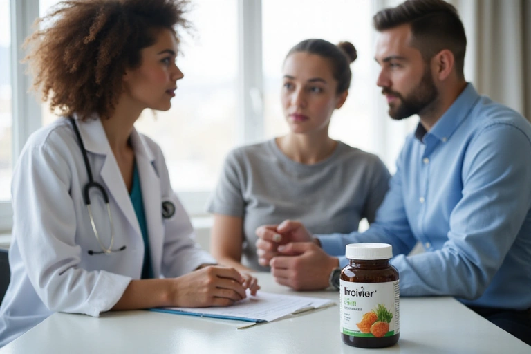 A doctor and a patient discussing health, with a Tropivor supplement bottle on the table, emphasizing the importance of professional medical advice before taking supplements.