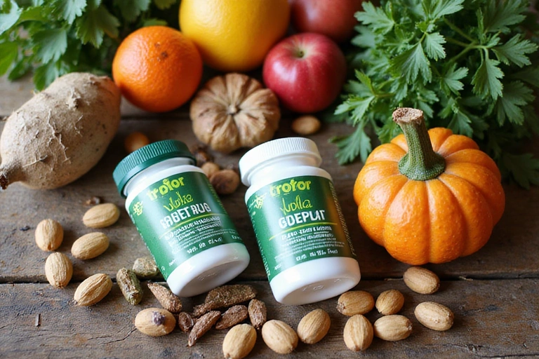 Fresh, natural ingredients for Tropivor supplements displayed on a rustic wooden table, including various fruits, herbs, and roots, with a focus on vibrant colors and organic textures.