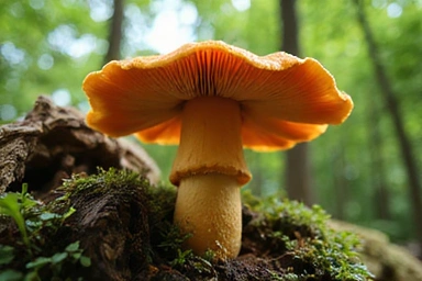 Reishi mushroom growing on a log in a forest
