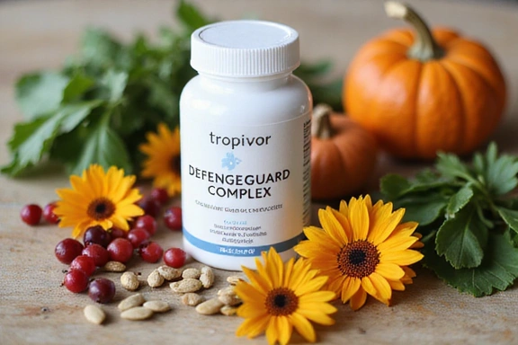 Tropivor DefenseGuard Complex product packaging with natural immune-boosting elements